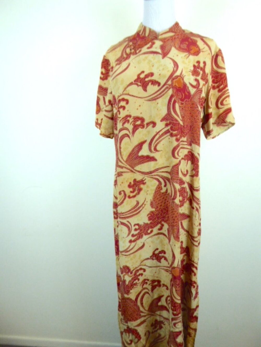 CITRON Santa Monica gold red KOI FLORAL SILK mandarin short sleeve maxi Dress M